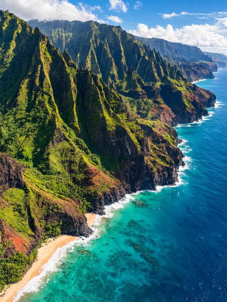 Crestas esmeralda de la costa de Na Pali que caen a un mar turquesa en Kauai