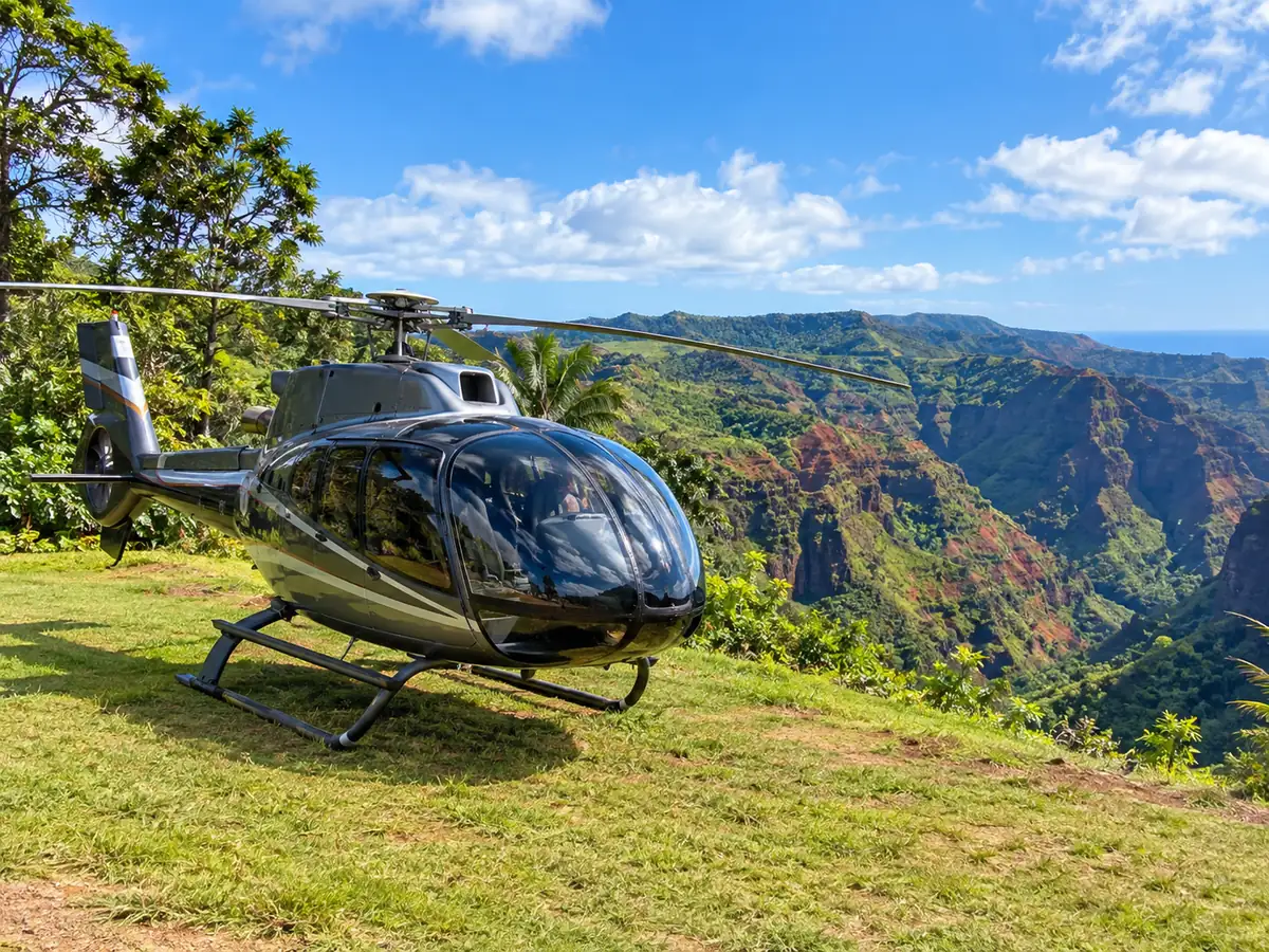 Un helicóptero turístico aparcado en el borde herboso de un cañón en Kauai