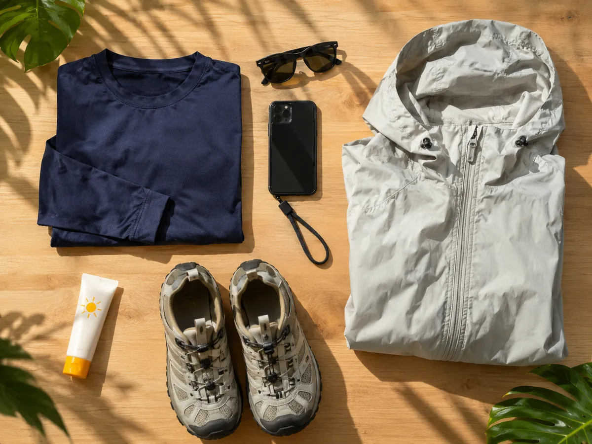 Camiseta oscura de manga larga, gafas de sol, móvil con correa, chubasquero y zapatillas sobre una mesa